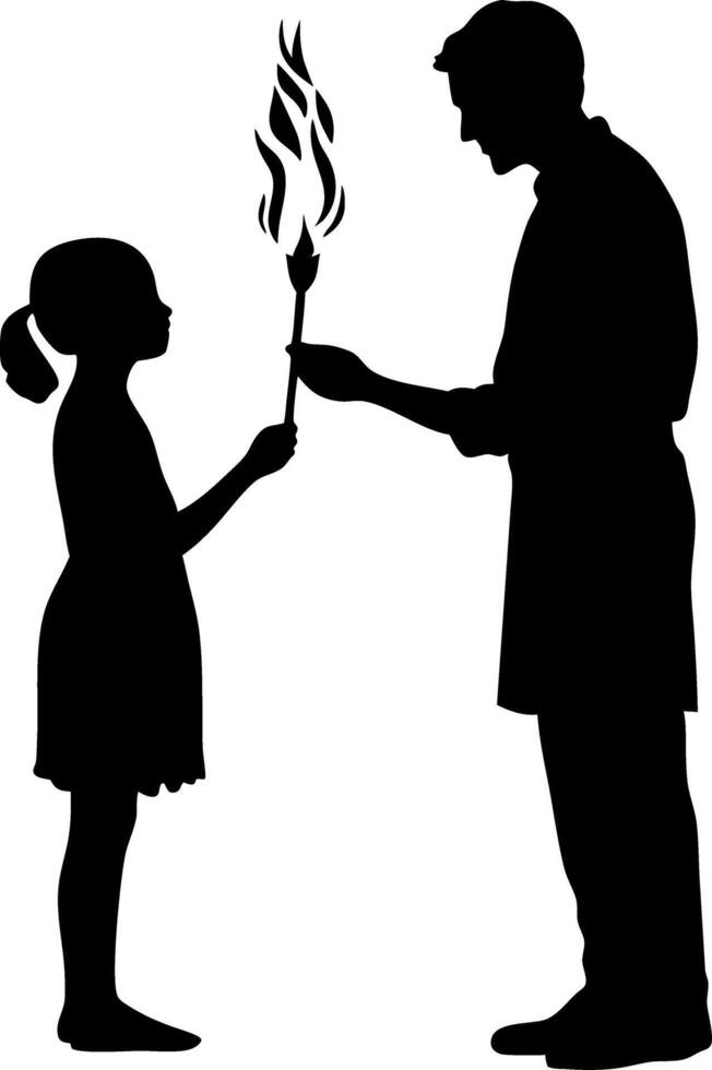 Silhouette of Man Passing Torch to Girl Symbolizing Generational Leadership and Inspiration vector