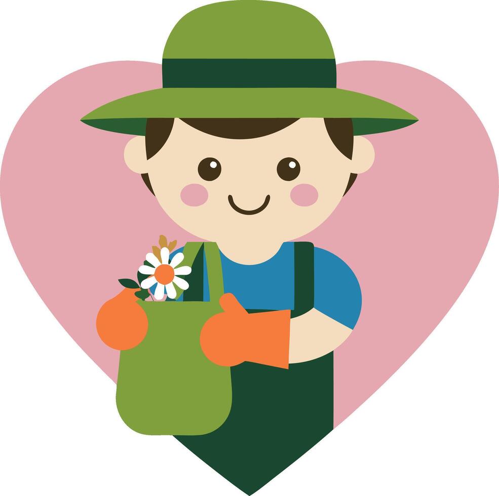 Cute Smiling Gardener Character Holding Flower in Heart Background vector