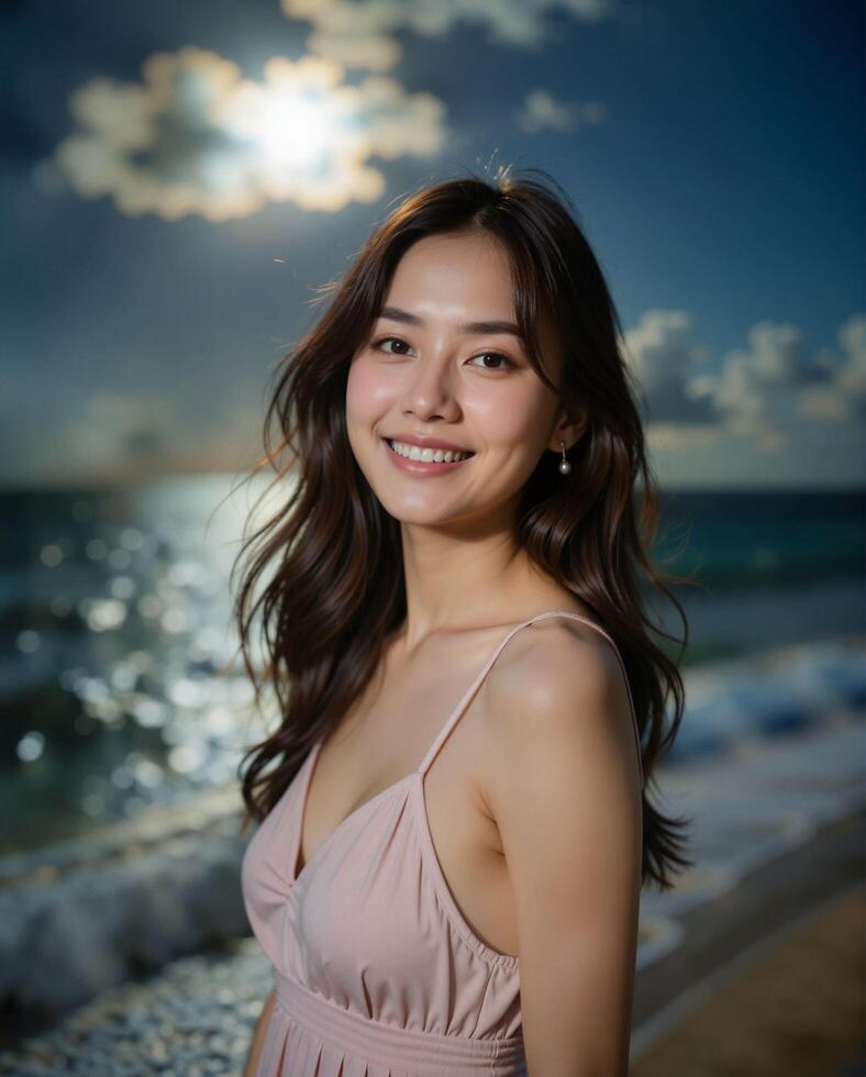 Beautiful woman smiling on beach during sunset with ocean backdrop photo
