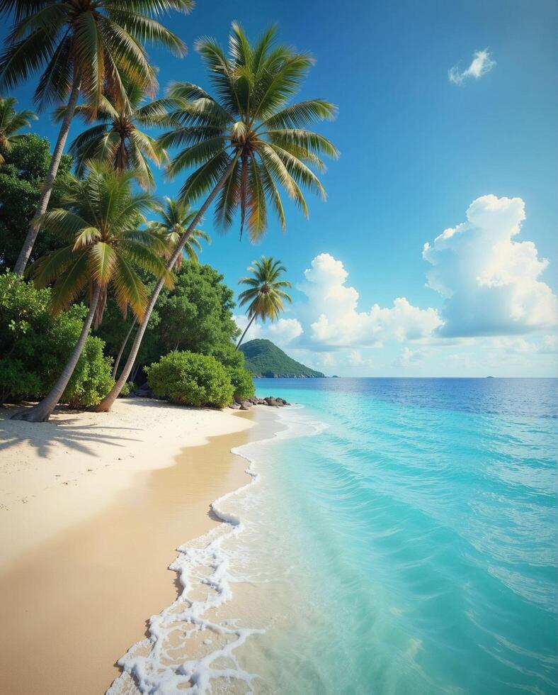 Serene Tropical Beach with Palm Trees and Clear Blue Water photo