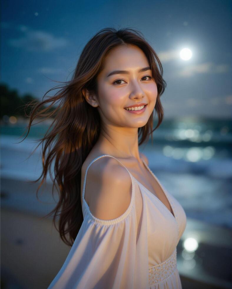Young Woman Smiling by the Shore Under Moonlit Sky photo