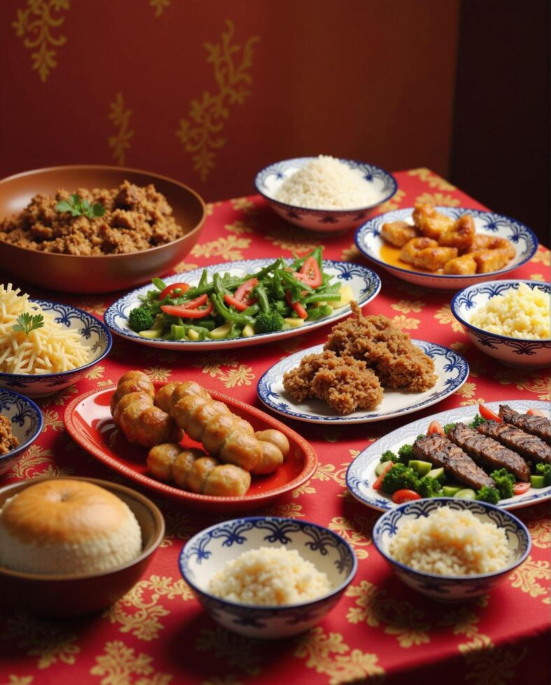 Delicious Asian Cuisine Featuring Rice, Meats, Vegetables, and Sides photo
