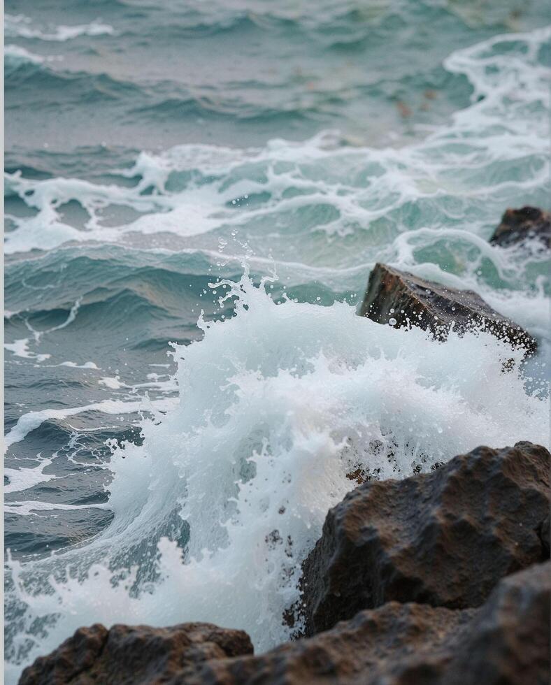 Ocean Waves Crashing Against Rocky Shoreline in Serene Setting photo