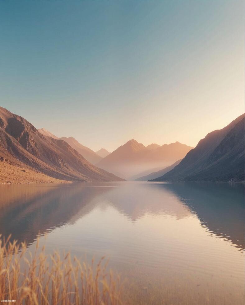 Serene Mountain Lake at Sunrise with Reflections and Soft Light photo