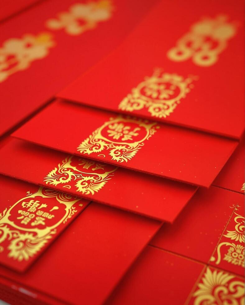 Red Envelopes with Gold Designs for Lunar New Year Celebrations photo