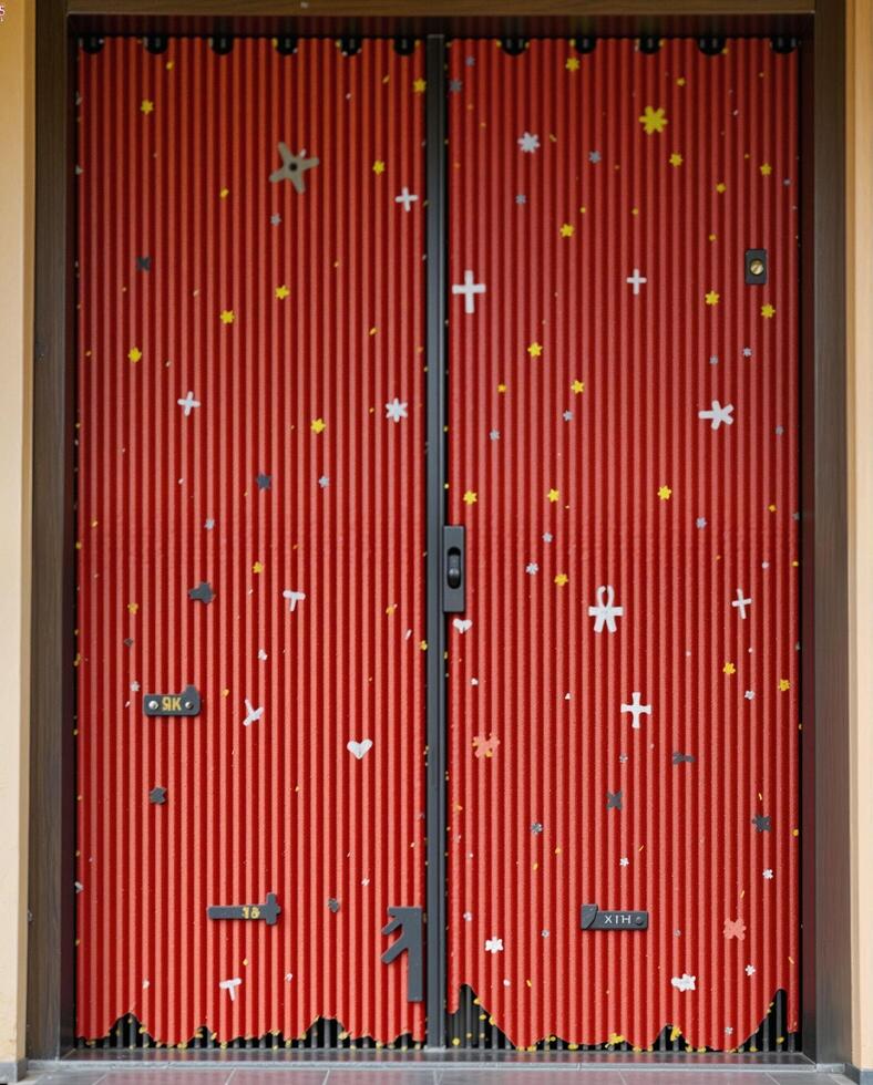 Vibrant Red Door with Colorful Patterns for Exterior Decoration photo