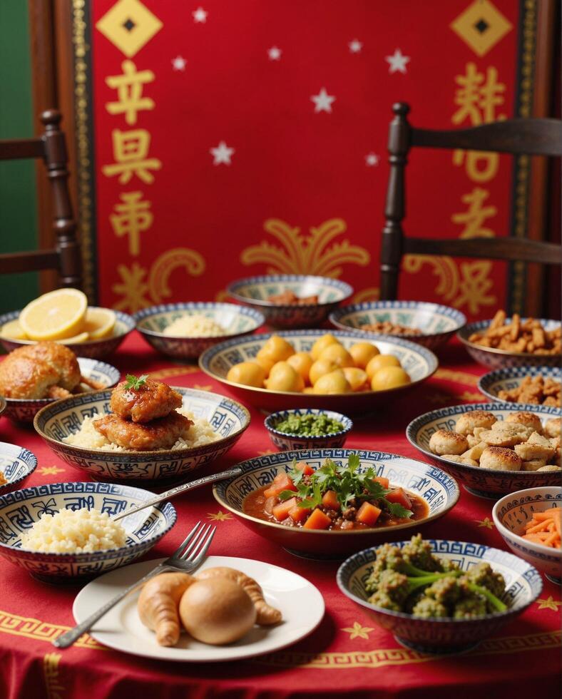 Vibrant Chinese Feast on a Decorative Table Setting with Dishes photo