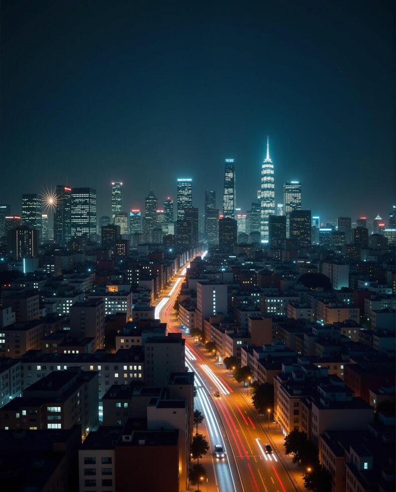 Night city skyline with illuminated buildings and light trails photo