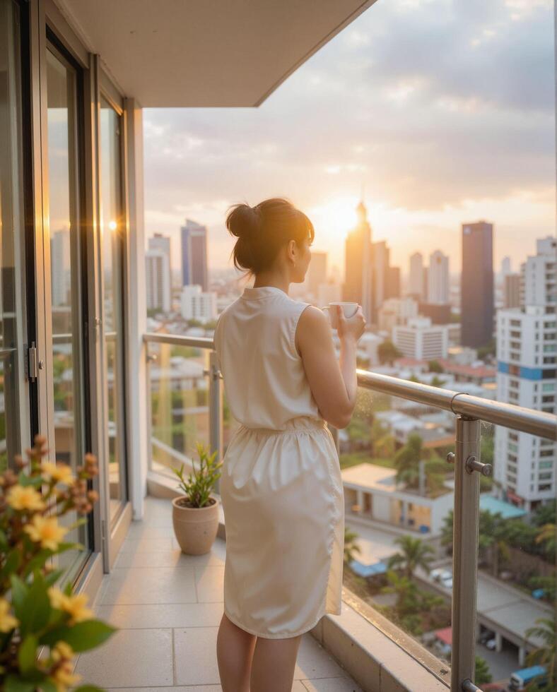 Woman Enjoying Morning Coffee with City Skyline View at Sunrise photo