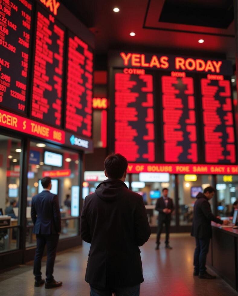 Individual Observing Digital Display in Modern Transportation Terminal photo