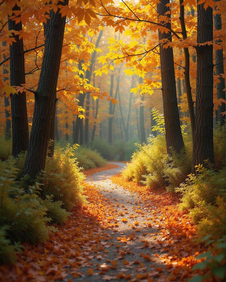 Serene Autumn Path Through Vibrant Orange and Yellow Forest Leaves photo