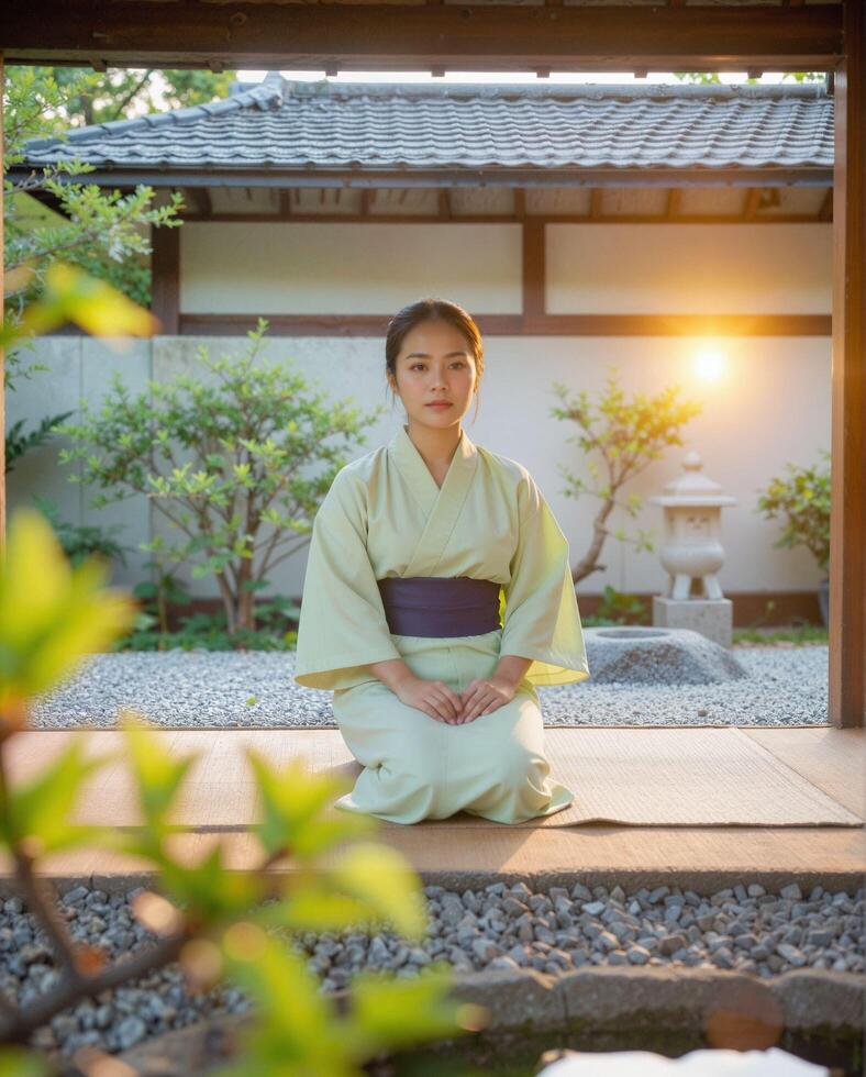 Serene Young Woman in Traditional Kimono Meditating in Japanese Garden photo