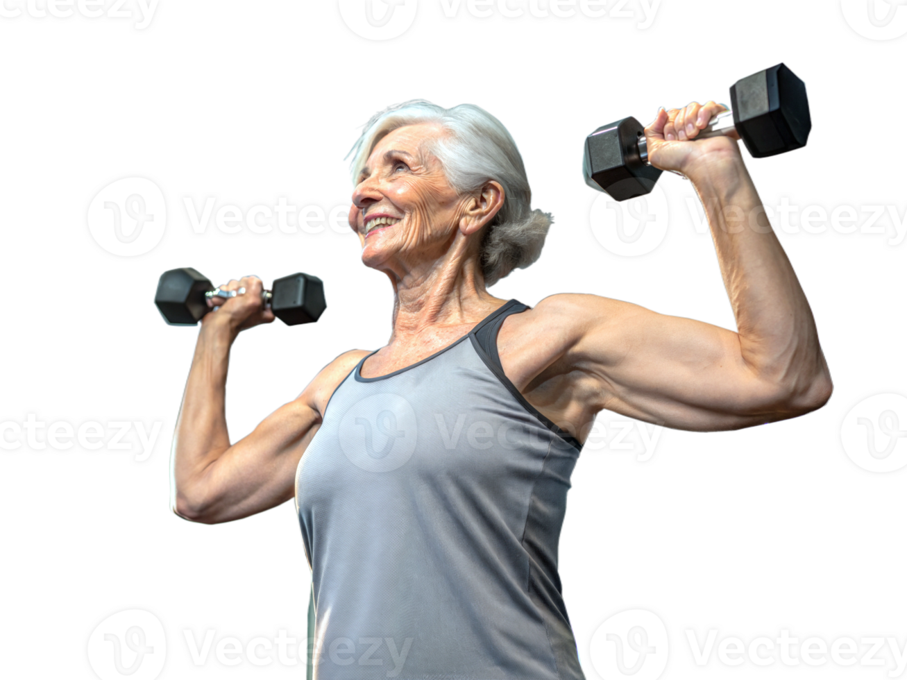 Elderly fit woman lifting weights in the Gym, active seniors, old people workout, transparent background png