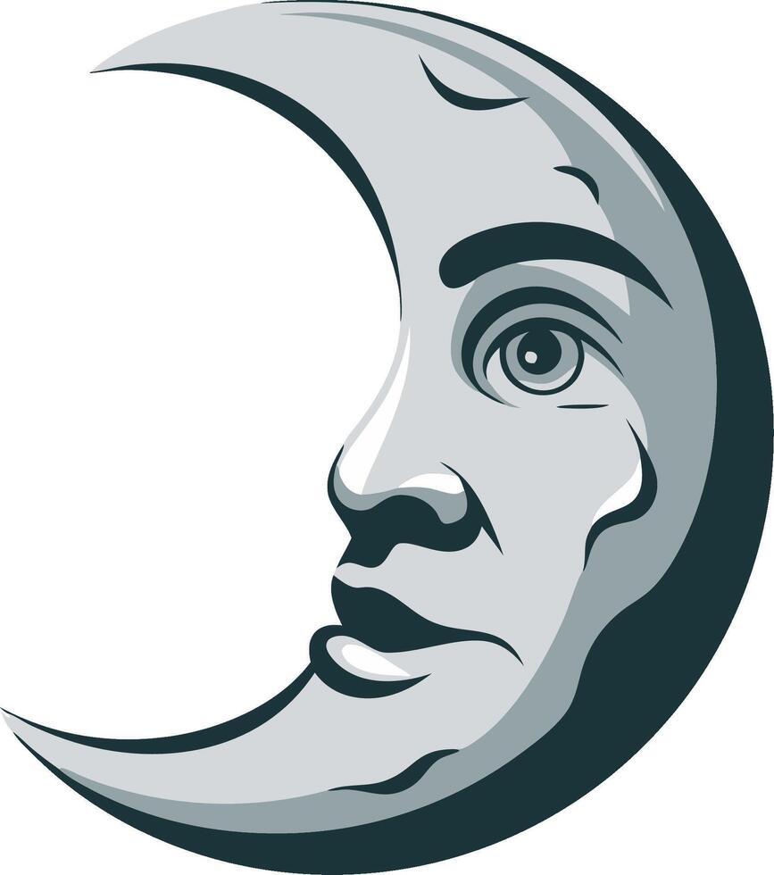 Crescent Moon with Human Face Art for Mystical Designs and Tattoos vector
