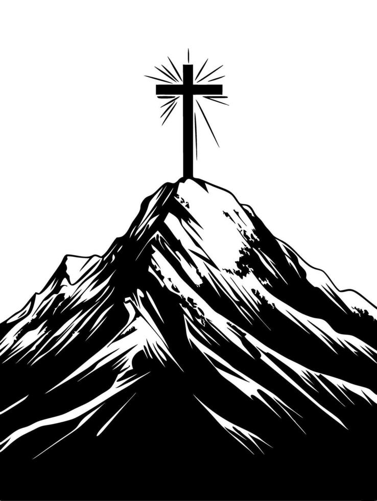 Majestic Mountain Peak with Radiant Cross Art for Inspirational Design vector