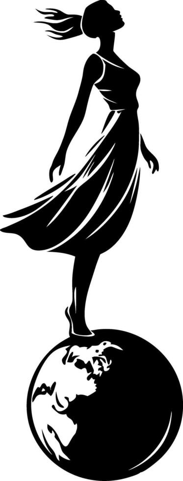 Elegant Silhouette Woman Standing on Earth Globe Symbolizing Freedom and Empowerment vector