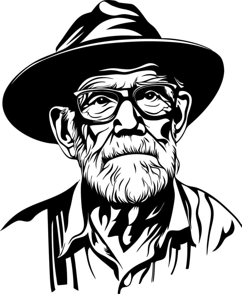 Elderly Man in Hat and Glasses Line Art Illustration vector