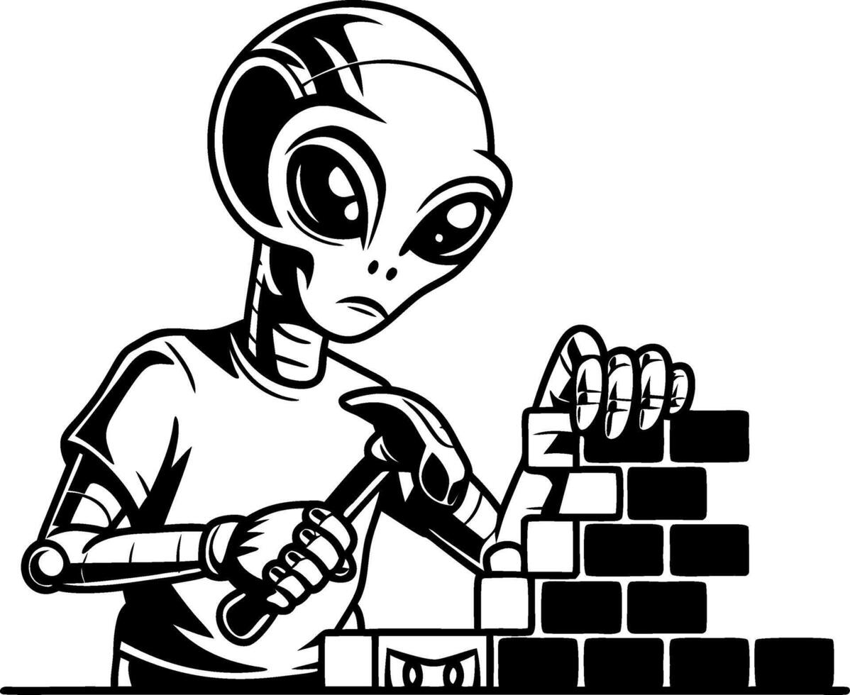 Alien Building with Hammer Art for Sci-Fi Illustrations and Graphic Design vector