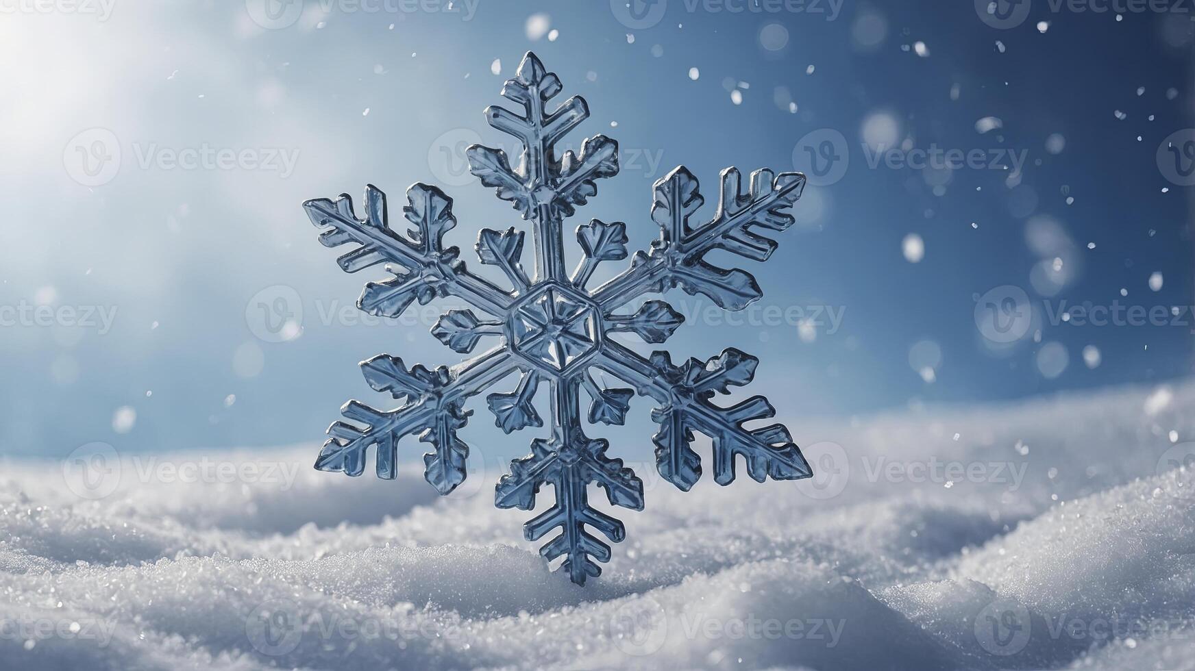 snowflake on snow, 3d render, blue background photo