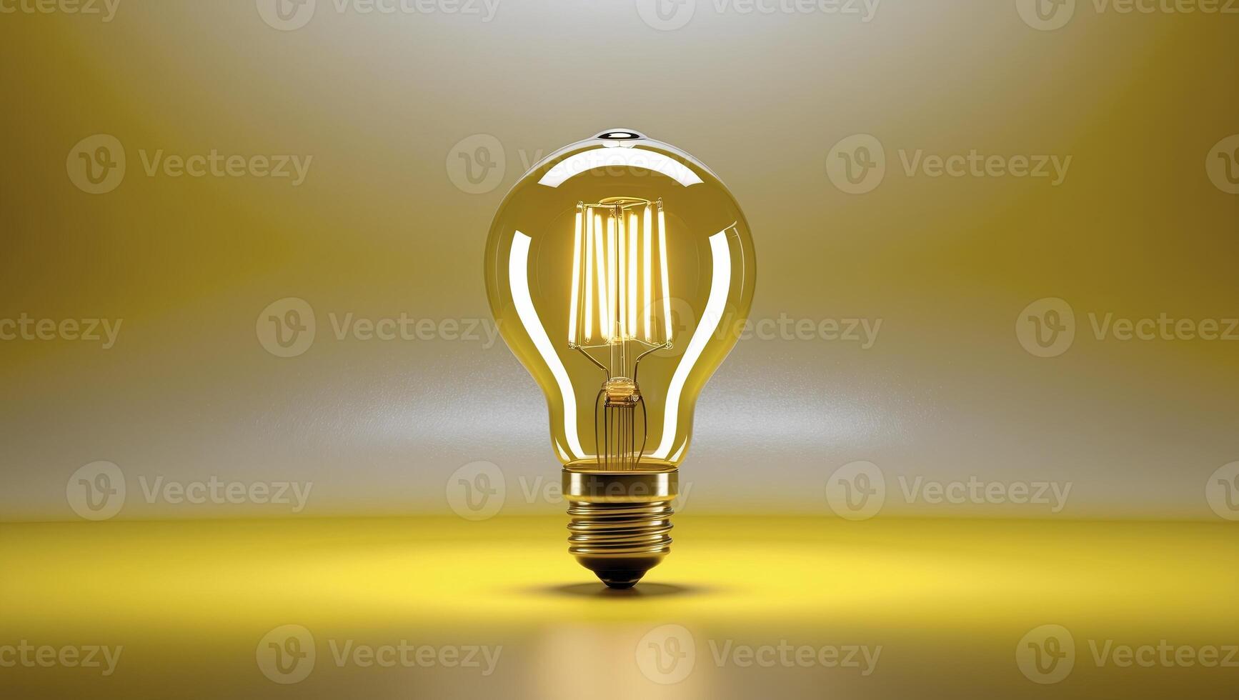incandescent light bulb sits centered on a vibrant yellow background photo