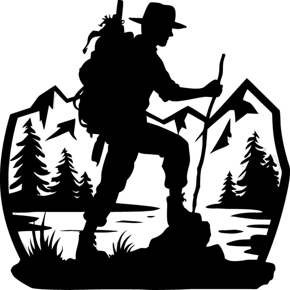 Adventurous Hiker Silhouette in Mountain Wilderness Art vector