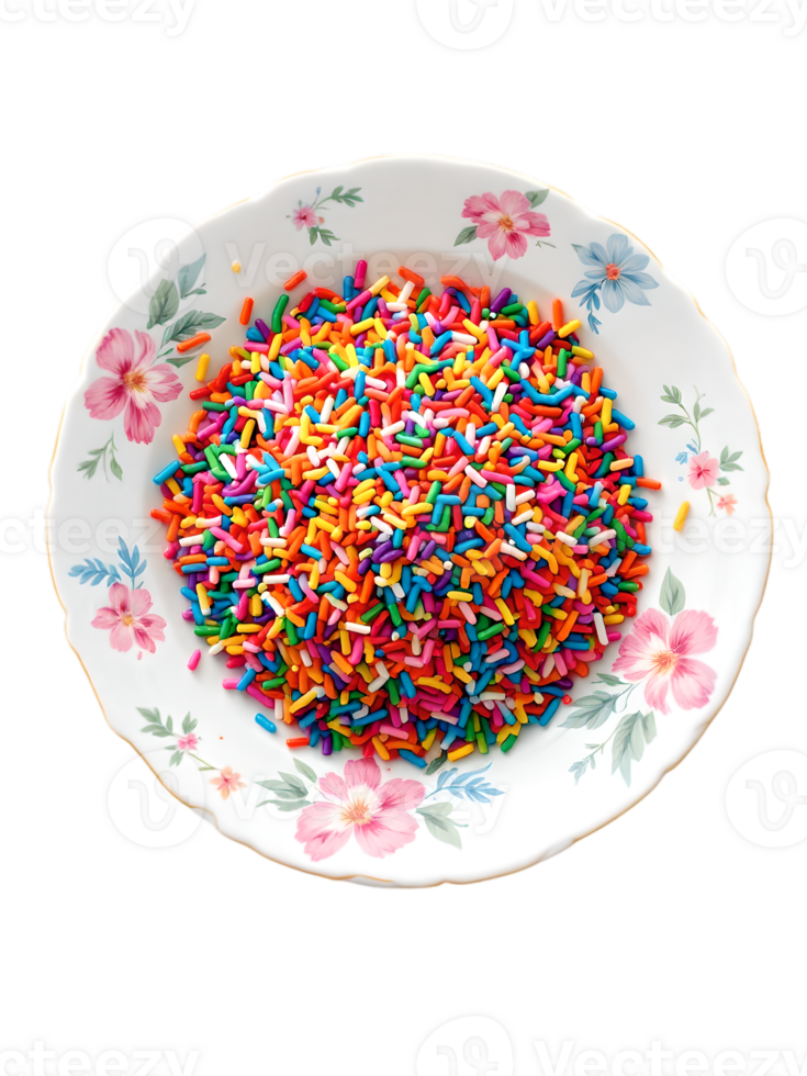 Colorful rainbow sprinkles in a floral design plate. png