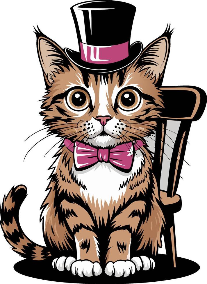 Adorable Cat in Top Hat and Bow Tie Sitting on Chair Illustration vector