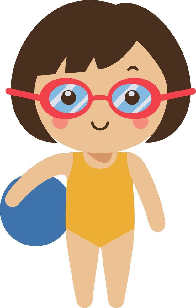 Adorable Child Swimmer in Yellow Swimsuit Holding Ball Art vector