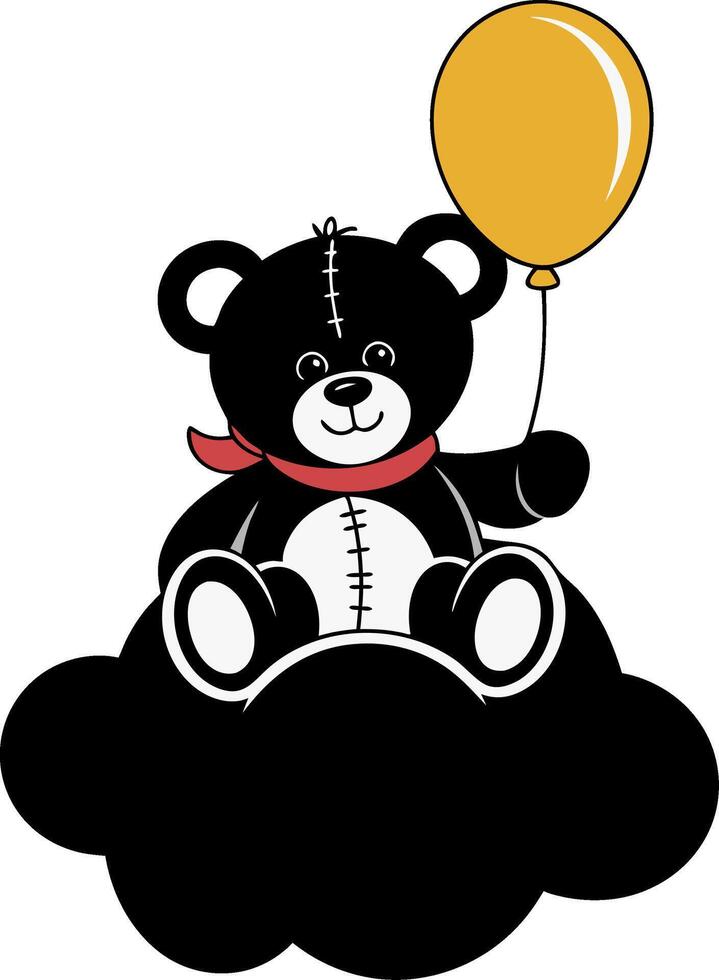 Adorable Black Teddy Bear with Balloon on Cloud Illustration vector