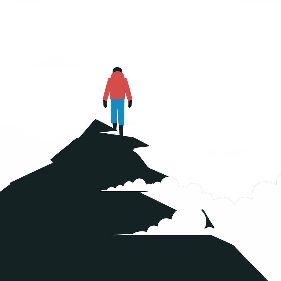 Adventurous Climber on Mountain Peak Overlooking Clouds Illustration vector