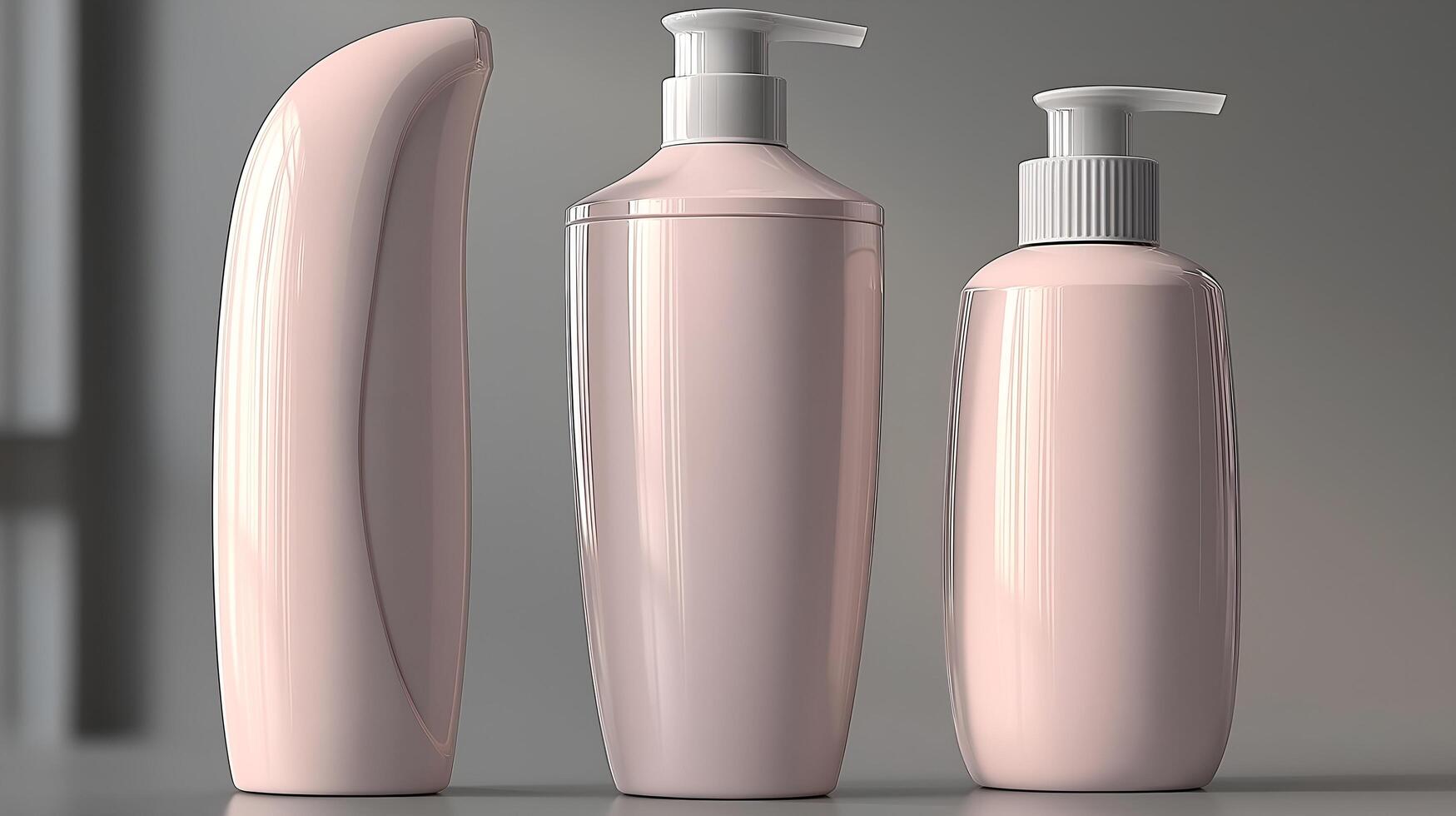 three pink bottles with soap and lotion photo