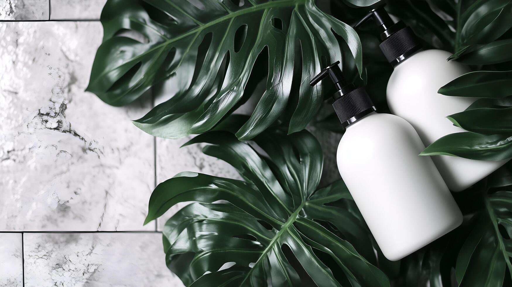 two bottles of lotion on a marble counter with green leaves photo