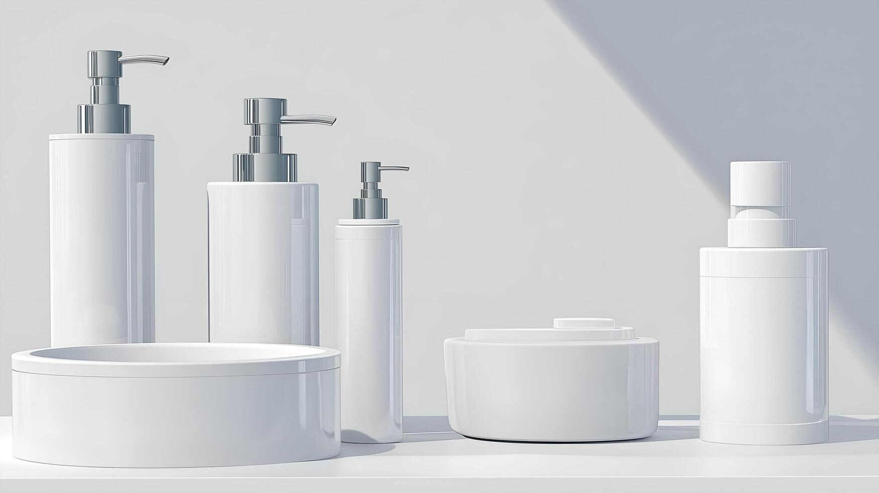 white plastic bottles and soap dispensers on a shelf photo