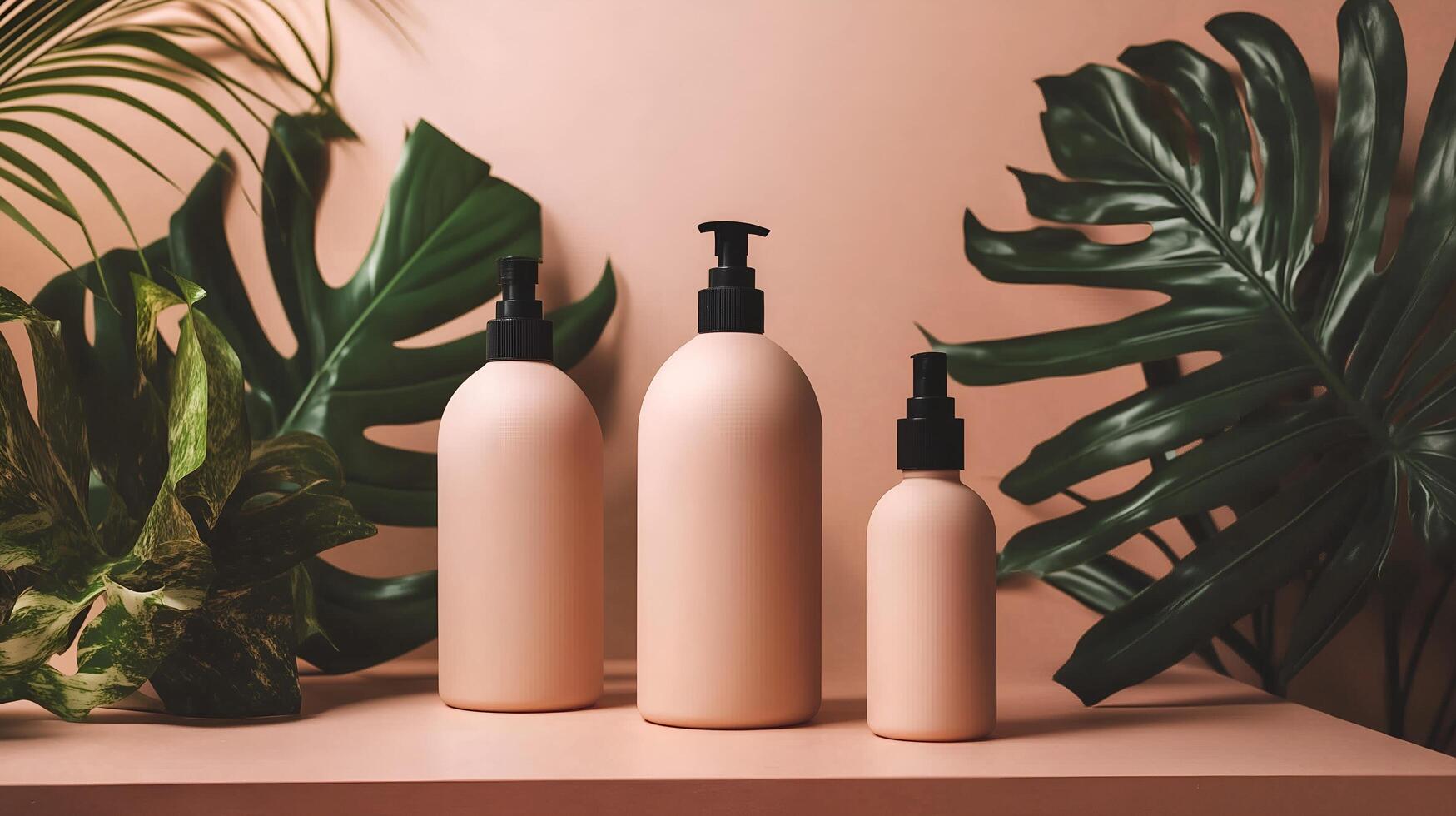 three bottles of soap and a plant on a pink background photo