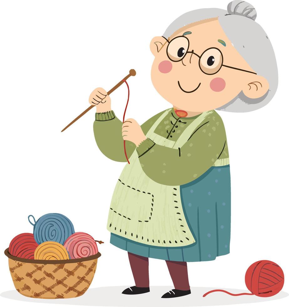 Elderly Woman Knitting with Basket of Colorful Yarn Cheerful Crafting Illustration vector