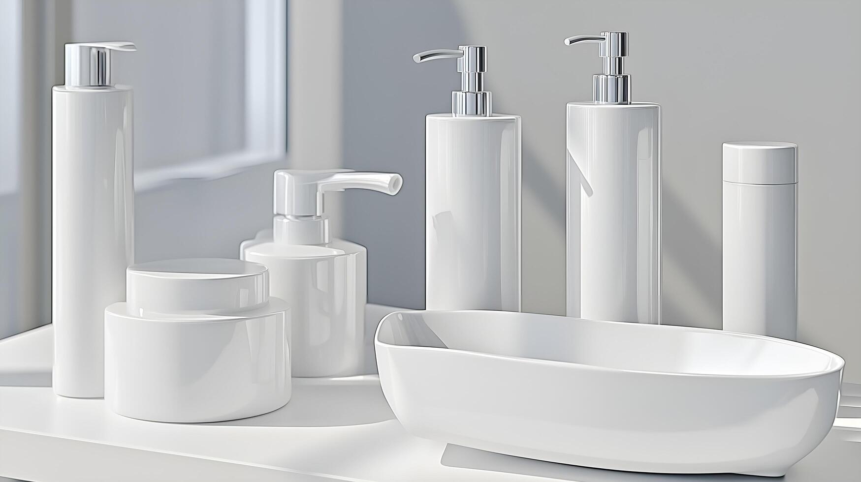 a white bathroom set with soap dispensers, soap, and a bowl photo