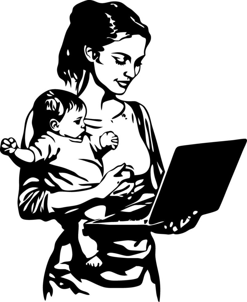 Mother with Baby Using Laptop Art for Family Work-Life Balance vector