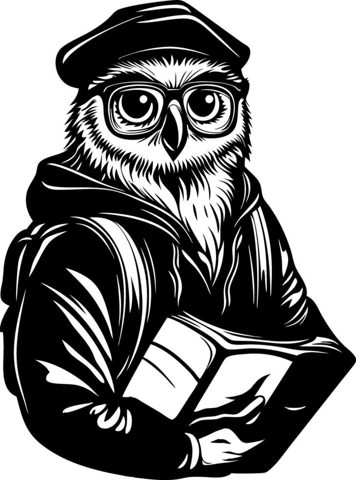 Wise Owl in Hat Holding Book Art Ideal for Tattoos and Graphic Design vector