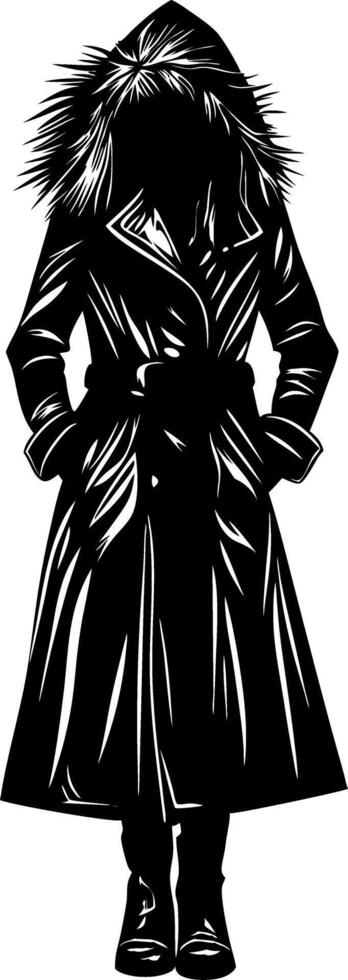 Silhouette Woman in Hooded Winter Coat Illustration vector