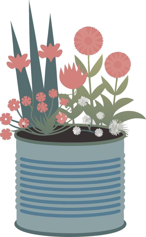 Vibrant Floral Arrangement in Recycled Tin Can for Eco-Friendly Design vector