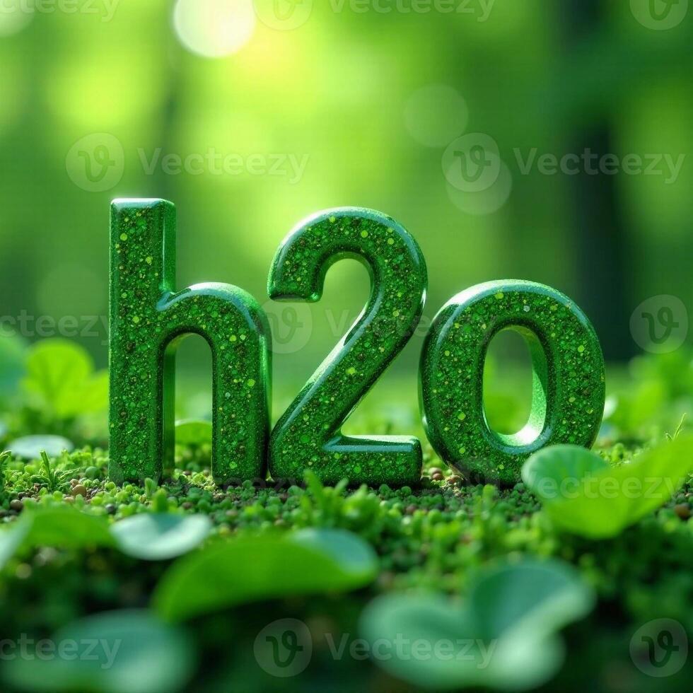 H2O volumetric letters on a green plant background. Chemical formula of water. Ecology concept in 3 d style photo