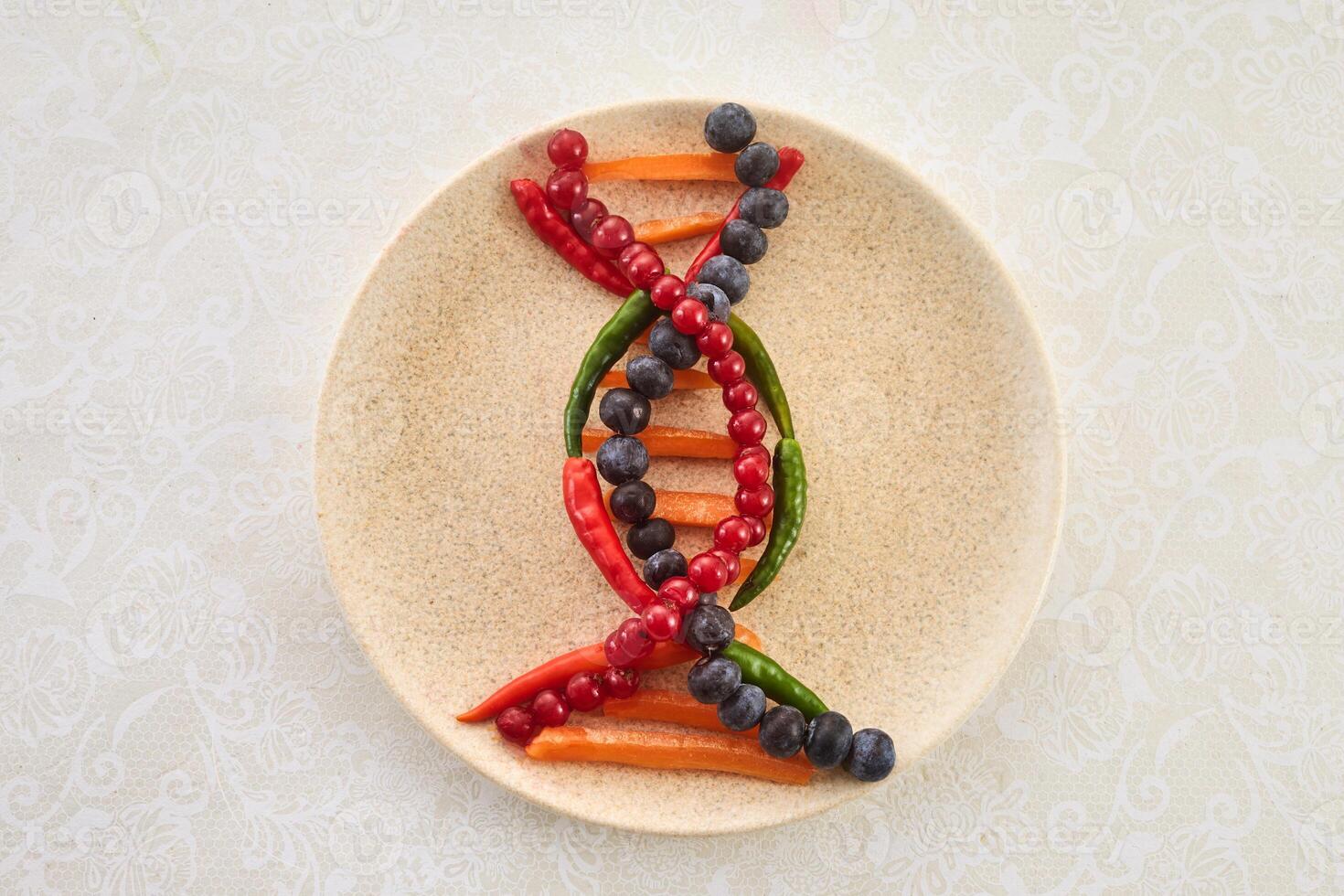 DNA food and genetically modified foods, DNA helix structure on plate. photo