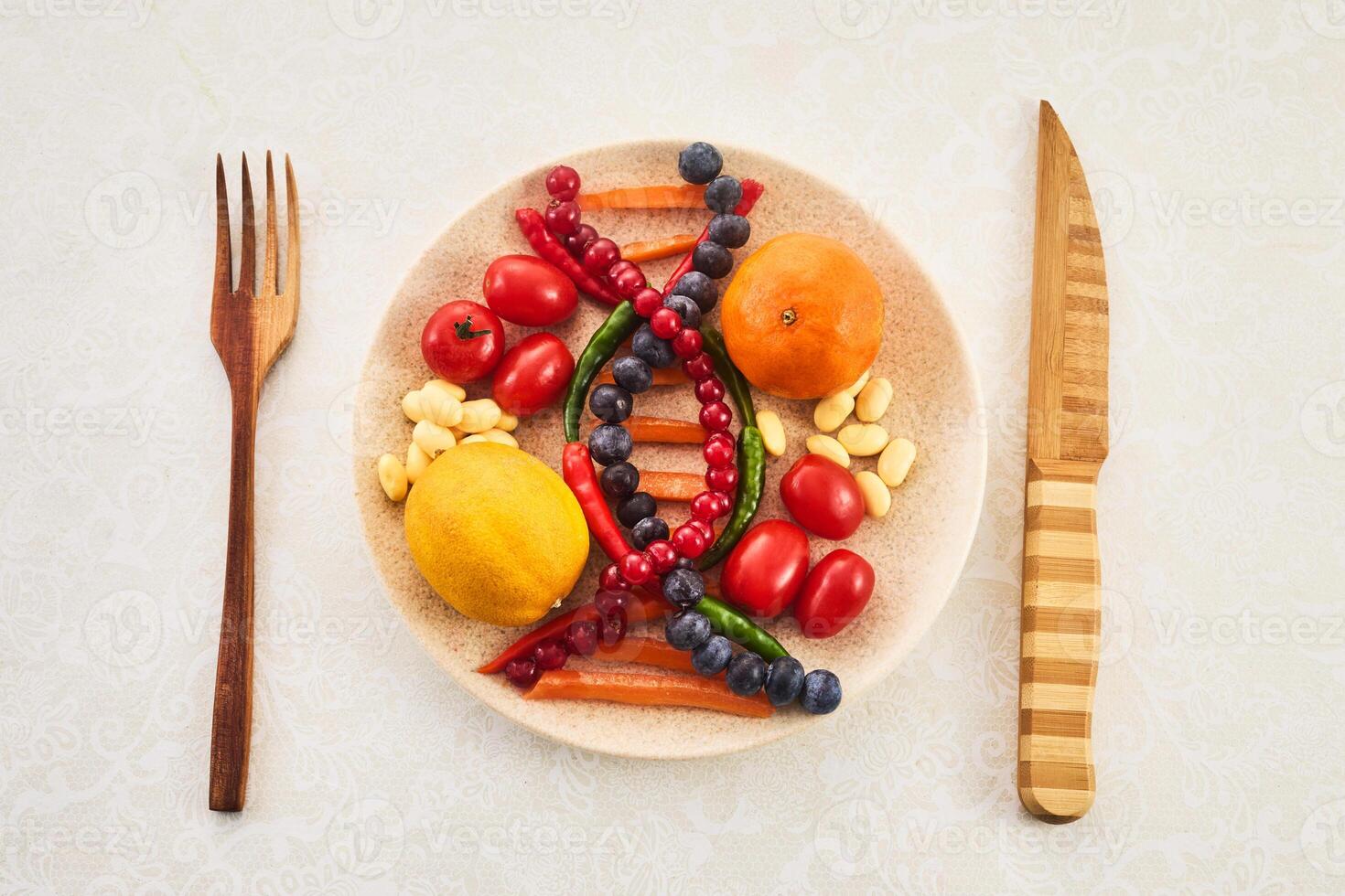 DNA food and genetically modified foods, DNA helix structure on plate. photo