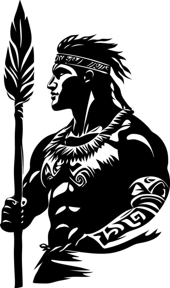 Tribal Warrior Silhouette with Spear Tattoo and Feather Elements vector