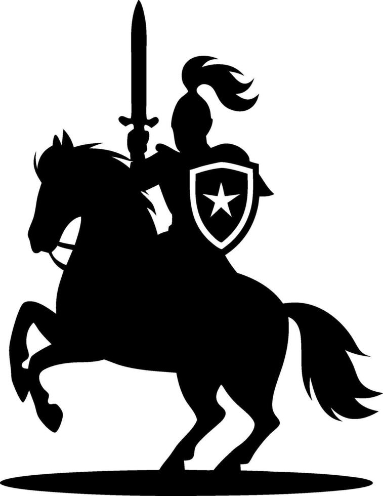 Knight Silhouette on Rearing Horse with Sword and Shield vector