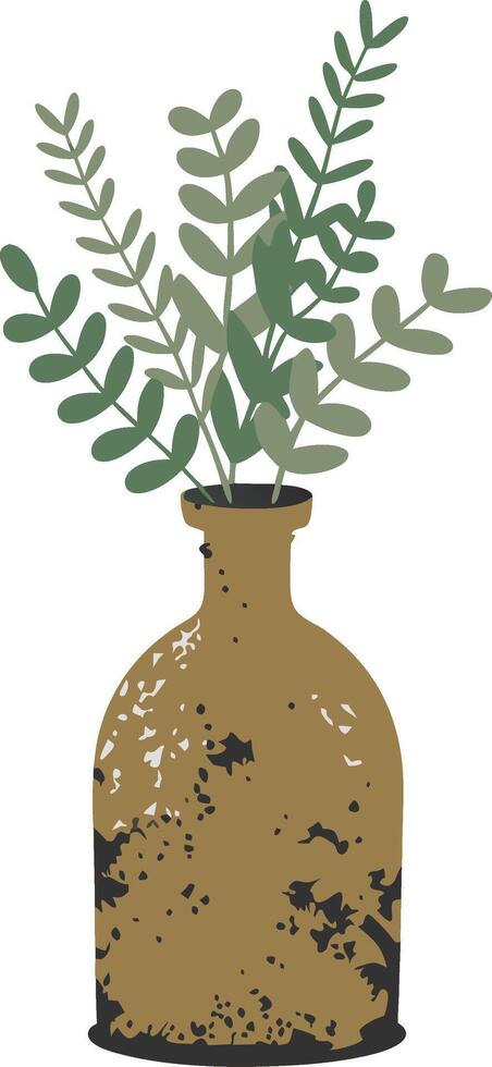 Rustic Brown Vase with Greenery Art for Home Decor Design vector