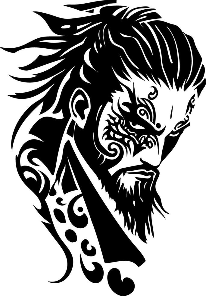 Intricate Warrior Tattoo Design with Tribal Facial Patterns vector