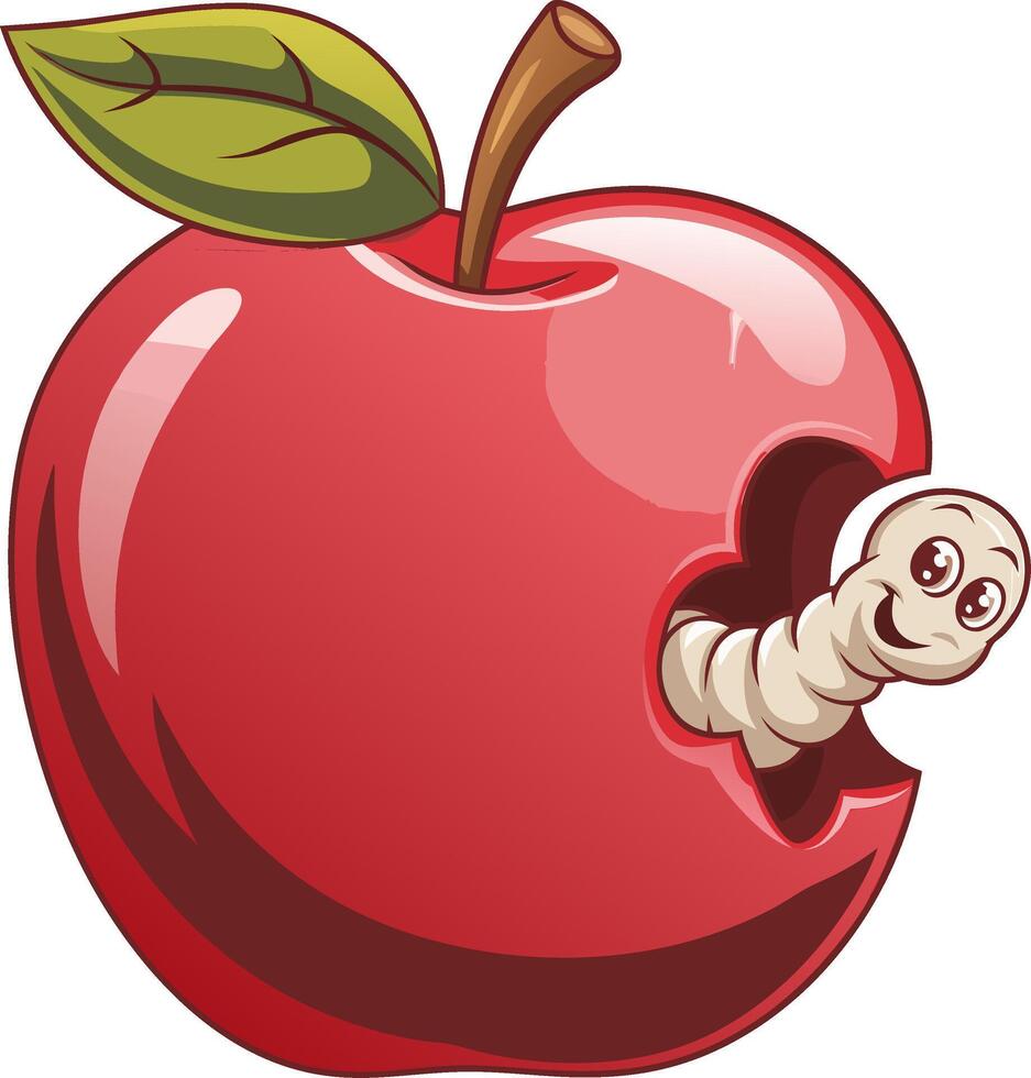 Cartoon Red Apple with Cute Worm Character for Educational Materials and Crafts vector