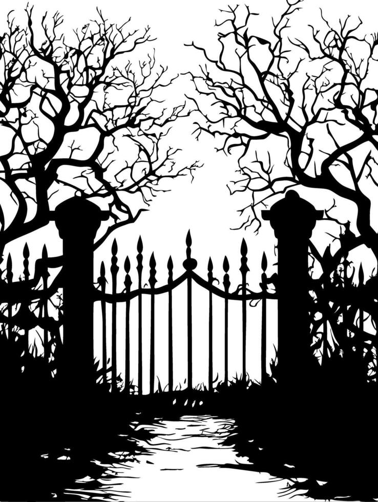 Spooky Haunted Graveyard Iron Gate Silhouette with Bare Trees Art vector