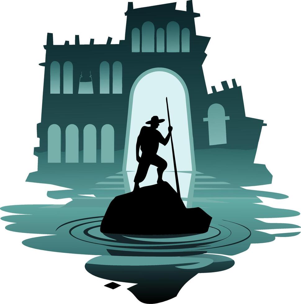 Adventurer Silhouette Exploring Ruined Castle Reflected in Water Art vector